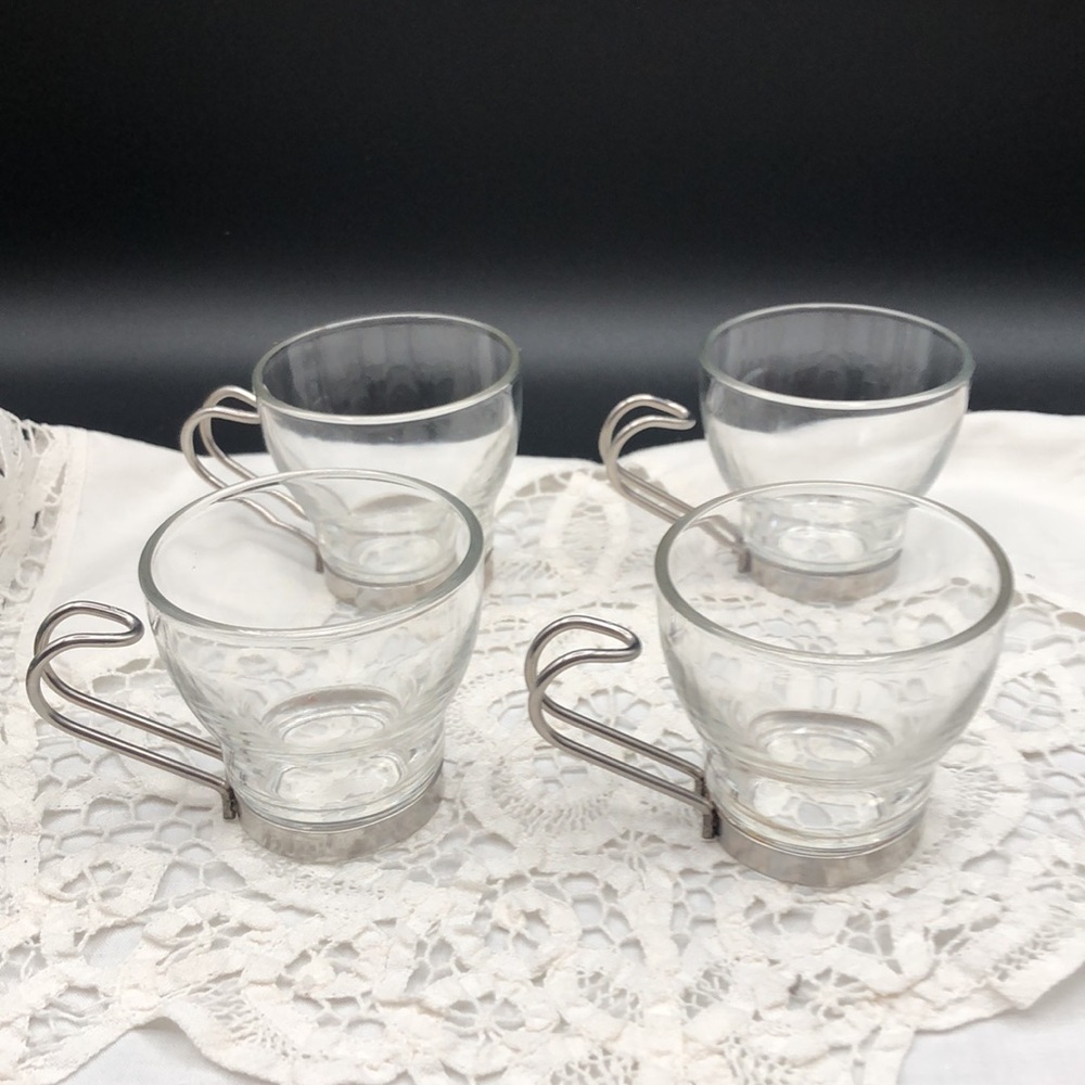 Bormioli Rocco Italy Espresso Glass Coffee Cups 3.5oz Steel Handles Set of 4